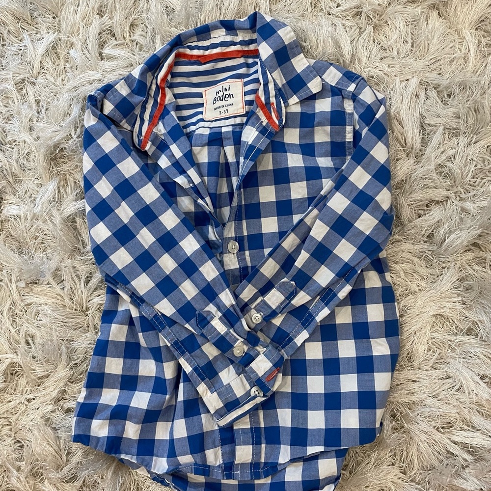 Mini Boden button down shirt. Large gingham print. 2-3T.